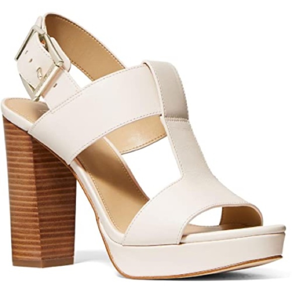 Michael Kors Becker T Strap cream,tan, brown 
Elegant Cream Block Heel Sandals - Picture 2 of 12